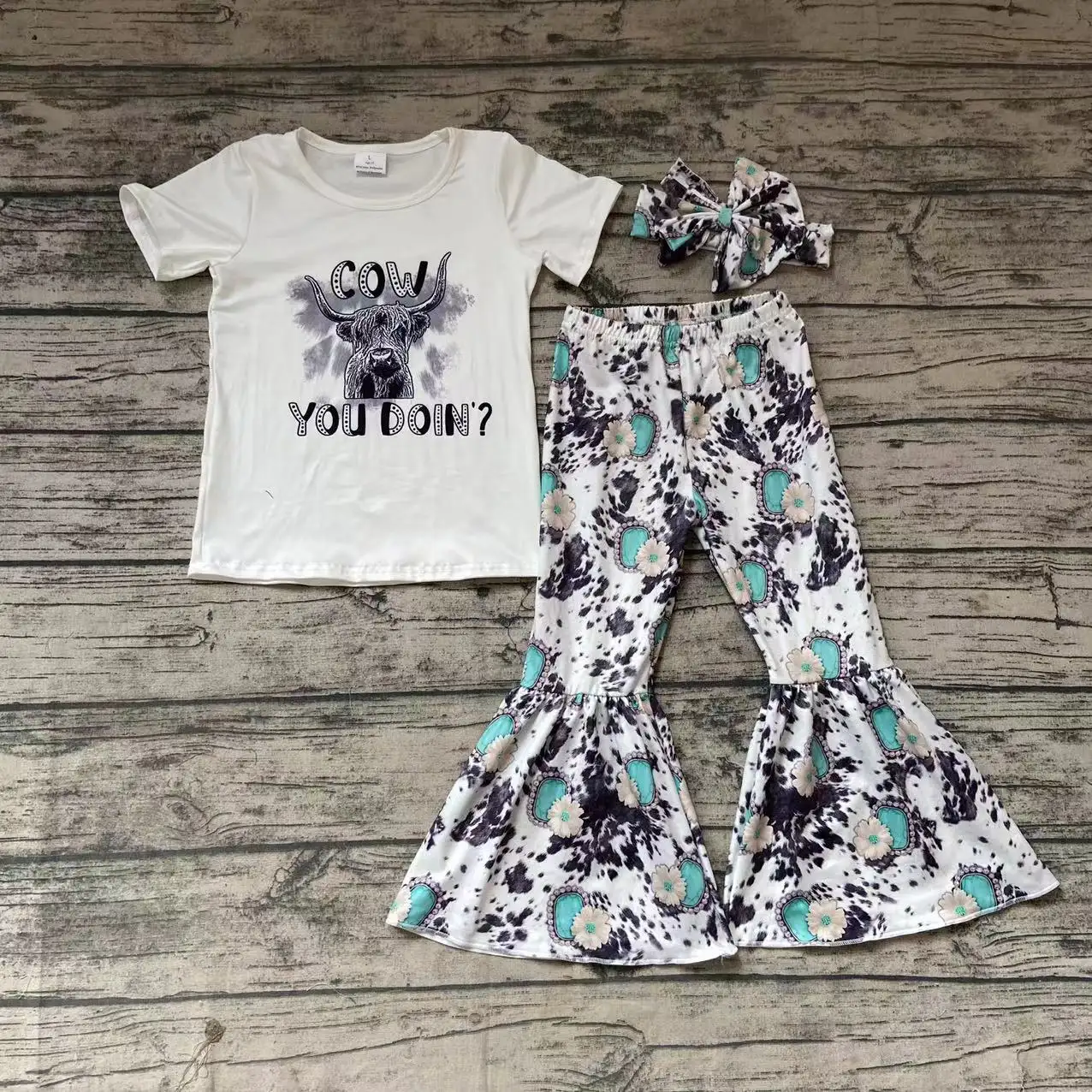 Rts Baby Meisjes Cowboys Westerse Heifer Peuter Boog Ontwerp Hoofdband Kids Boutique Kinderen Boutique Bell Bottom Broek Kleding