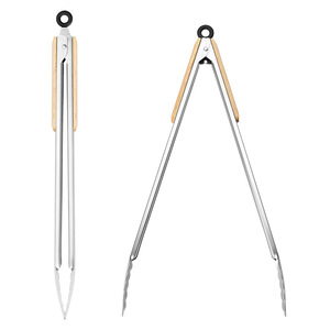 Plump Stainless Steel Food Tongs Wooden Handle Heat Resistant <b>BBQ</b> Steak Bread Tongs Korean Style - Product Image 2