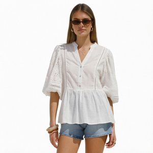 Chemisier en lin blanc pour femme, col en V, manches ballon, peplum, boutonné, style bohème, haut d'été - Product Image 1