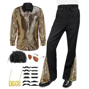 Costume d'Halloween hippie des années 60 et 70, pantalon à paillettes, chemise, haut, pantalon pattes d'éléphant pour <span class=keywords><strong>homme</strong></span>, <span class=keywords><strong>tenue</strong></span> de danse disco brillante pour adulte - Product Image 1