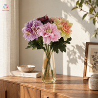 Dahlias artificiels à tige unique floqués avec feuilles pour la décoration de mariage, de maison, d'hôtel et d'événements