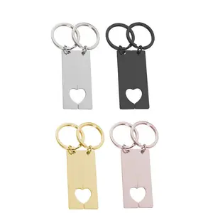 Blank Stainless Steel Rectangular Left And Right Love Heart Set Keychain Couple Keyring Bag Pendant Mirror Rectangle Tag Charms