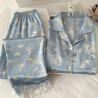 Pyjamas d'été chinois antiques nouveaux vêtements de maison à manches courtes costume petites fleurs fraîches soie de glace-sensation de fraîcheur taille élastique