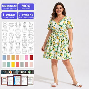 Robe d'été décontractée à imprimé citron, manches bouffantes, col en V, tailles 1XL-5XL, vente en gros - Product Image 1