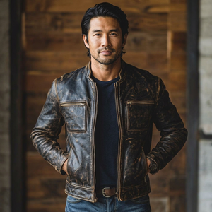 High Quality Men Distressed Vintage Leather Biker <b>Jacket</b> Retro <b>Cafe</b> <b>Racer</b> Motorcycle Cowhide Zipper Waterproof Windproof Stylish - Product Image 1