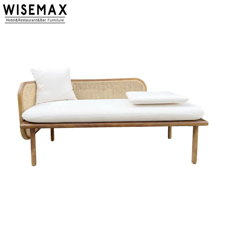 French retro design villa indoor living room balcony natural rattan solid wood frame leisure rattan sofa bench