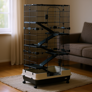 Cage à 6 niveaux pour petits animaux, en fil d'acier noir, avec plateau amovible, pour lapin, furet, chinchilla, gerbil, usage intérieur - Product Image 2