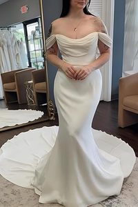 Elegant Modern A-Line Floor-Length Lace-Up <strong>Wedding</strong> <strong>Dresses</strong> with Pleat Off-Shoulder Simple Design for <strong>Maternity</strong> Bride Wholesale - Product Image 3