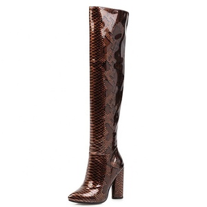 Botas Altas por Encima de la Rodilla para Mujer, Talla Grande 46, Tacón Grueso, Botas Largas de Invierno para Dama, Botas Altas de Piel Sintética Brillante con Estampado de Serpiente - Product Image 1