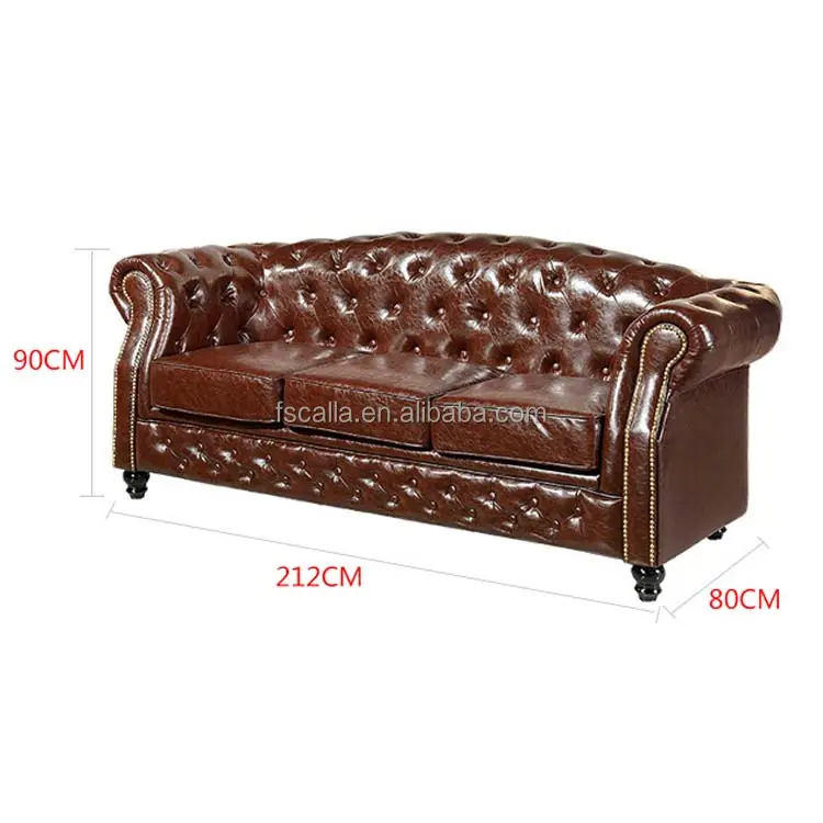 Sofá estilo americano Chesterfield clássico de couro vintage com 3 lugares para sala de estar