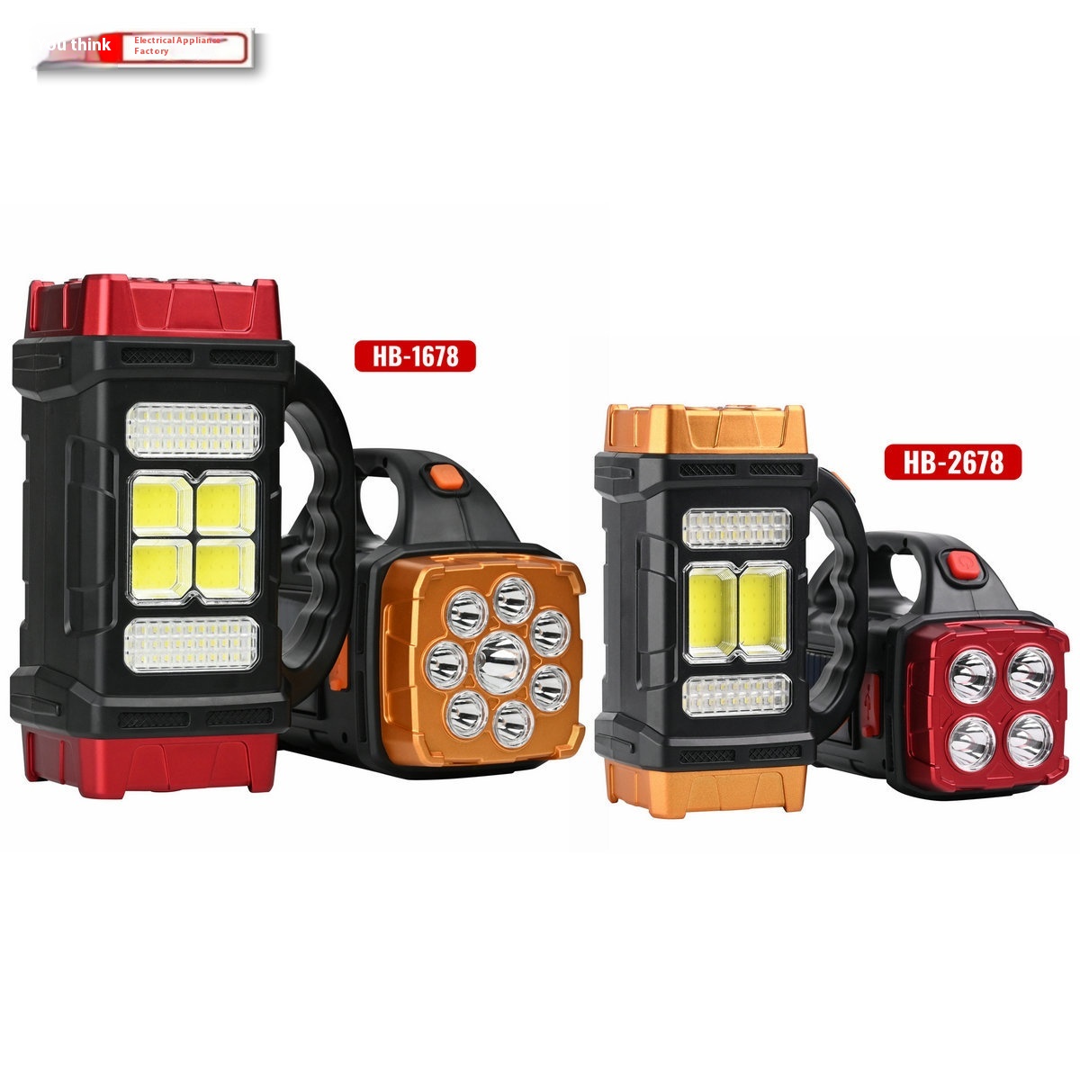 Cob LED Multifunctional Outdoor Emergency Searchlight USB Charging Solar Camping Flashlight Red Plastic Body Landscape Lighting