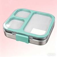 Boîte à bento mignonne ultra-fine à 3 compartiments en acier inoxydable, compatible micro-ondes, sans BPA, anti-fuite, portable, grande capacité