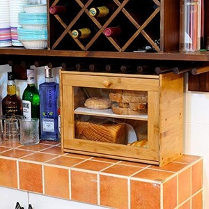 Boîte de rangement pour pain en bambou à 2 niveaux avec porte en verre, organisateur alimentaire de cuisine, conteneur de présentation - Product Image 3