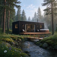 Maison préfabriquée moderne en conteneur maritime avec terrasse en bois, petite maison modulaire en conteneur pour cabane de bien-être en bordure de forêt