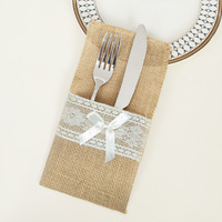 Housse de couteau et fourchette en toile de chanvre avec dentelle pour Noël, sac de rangement pour couverts de fête, mariage, festival