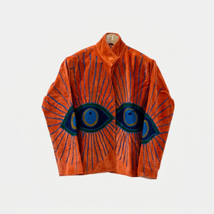 Elegant Artwear Orange <b>Velvet</b> Embroidered <b>Jacket</b> With Evil Eye Pattern Stand Collar Full Sleeve Handmade Soft <b>Women</b> Coat - Product Image 1