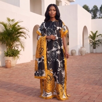 Gaun Wanita Ukuran Besar Model Kimono Lengan Pendek, Bahan Polyester, Motif Bunga Elegan, Cocok untuk Acara Formal, Model Longgar, Gaya Afrika