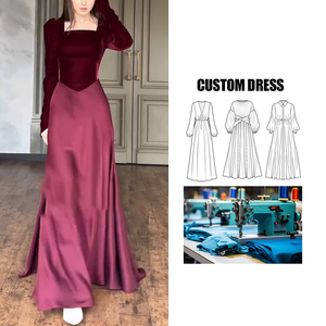 Robe de soirée élégante pour femme, col carré, manches longues, taille cintrée, coupe trapèze, rouge bordeaux, style musulman conservateur, personnalisable - Product Image 2