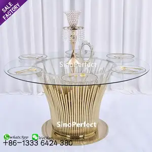 Hotelmöbel aus Metall runder klarer Glas-Gold-Edelstahlbein runder Hochzeits-Banketttisch