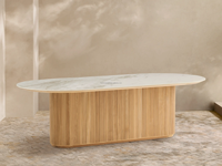Table de jardin moderne de luxe en teck avec plateau en marbre mélangé personnalisé, table à manger en teck d'extérieur