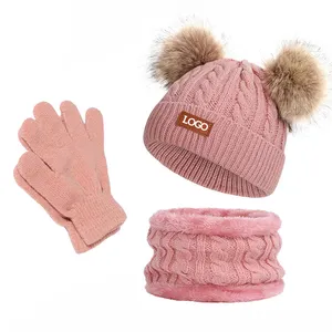 Invierno lindo niño niña sombrero niños Skullies gorra Pom gorros bufanda conjuntos niños tejido sombrero bufanda guantes