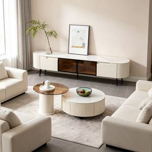 Ensemble de meuble TV moderne blanc cannelé et table basse ronde avec portes en verre ambré pour salon d'appartement - Product Image 4