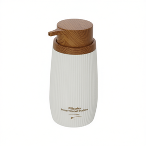 Dispensador de Jabón Líquido Beige, Diámetro 8 cm, Altura 15.8 cm, Bomba de Madera, Diseño Moderno, para Baño - Product Image 2