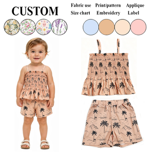 Set Estivo Boho per Bambini con Stampa <span class=keywords><strong>Palma</strong></span> e Tropicale, Top Smock in Cotone e Lino con Spalline Sottili e Peplum + Pantaloncini, Colore Beige Neutro - Product Image 1
