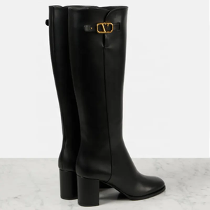 Large Size 46 Solid Wide Fit Women's Knee High Boots Ladies Chunky High <b>Heels</b> Shoes <b>Round</b> <b>Toe</b> Side Zipper Long Booties - Product Image 5