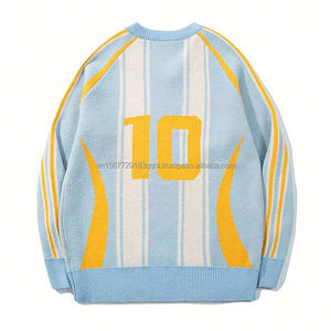 Pull en jersey à col en V à rayures verticales color block, style couple, ample, sportif, avec lettres numériques en jacquard - Product Image 2