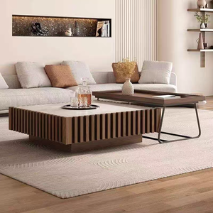 Ensemble de tables basses gigognes modernes en noyer à lattes, avec plateau en pierre frittée et <span class=keywords><strong>table</strong></span> <span class=keywords><strong>d</strong></span>'<span class=keywords><strong>appoint</strong></span> rétractable pour la <span class=keywords><strong>d</strong></span>écoration du salon - Product Image 2