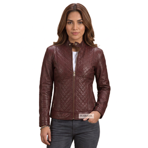 Quilted Leather <b>Jacket</b> Maroon Biker Outerwear Diamond Stitched Stand Collar Zip Coat Women Quilted Leather <b>Jackets</b> - Product Image 4