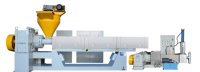 Extrudeuse MelaMech à double vis pour PVC souple, rapport L/D 40:1, puissance 132 kW, granulateur économe en énergie avec moteur, boîte de vitesses et cœur PLC