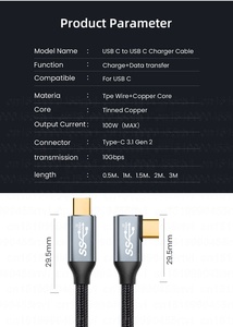 Laptop PD 100W 90 grados L forma 5A carga rápida USB C a tipo C Cable para teléfonos y computadora Cable de transferencia de datos - Product Image 3