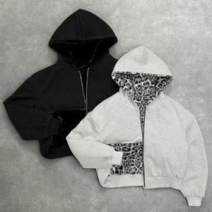Felpa con Cappuccio Reversibile a Doppio Strato con Zip, Stampa Leopardata, 100% Cotone, per Uomo e Donna, Stagione Invernale - Product Image 1