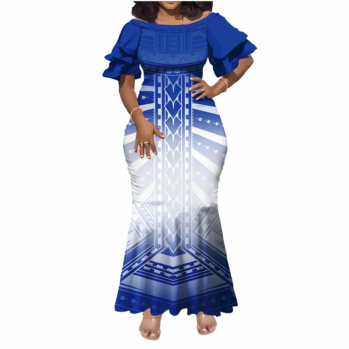 Nieuwkomers Bloemblaadjes Mouw Lange Fishtail Jurken Vrouwen Elegante Custom Samoa Polynesische Tribale Print Zeemeermin Avondjurk 2024