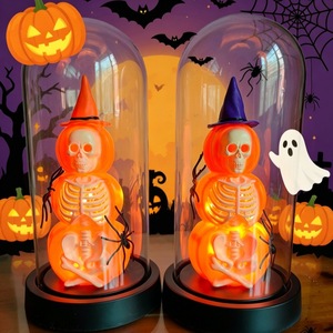 Modern Halloween <b>Pumpkin</b> Lantern Ornament with <b>Skeleton</b> Figure Warm Light Tabletop Decor for Holiday Party Gift Supplies - Product Image 3