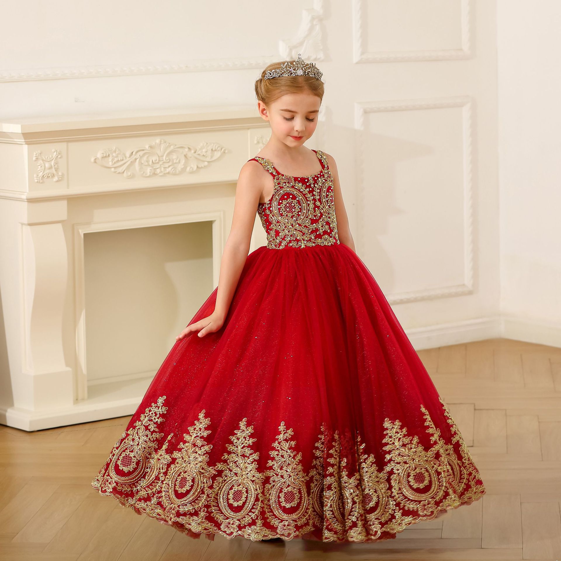 Wholesale Princess Flower Girl Dresses Red Wedding Flower Girl Dress Brithday Flowers Kids Ball Gown,2 Pieces