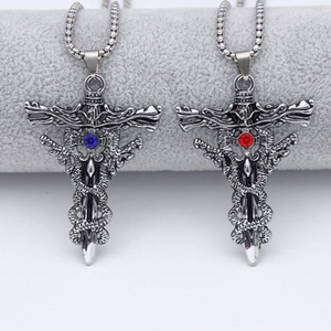 Punk-Mode Titan-Stahlkette für Männer, Legierung Doppeldrachen-Schwert-Anhänger Choker <span class=keywords><strong>Ring</strong></span>, Vintage Böser Blick Kreuz Schmuck Geschenk - Product Image 1
