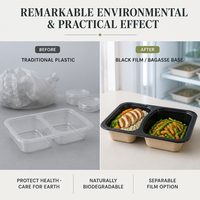 Barquettes en bagasse laminées CPET noires sans PFAS, résistantes à la chaleur, haute barrière, compostables, pour repas surgelés, emballage MAP, faible coût d'outillage