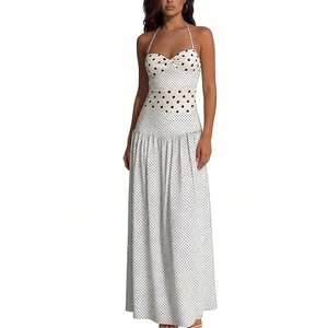 Women's Polka Dot <b>Print</b> Halter Neck Maxi Dress - Sleeveless Ruched Waist Casual Dresses Fashion - Product Image 1
