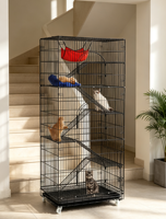 Cage pour chat en métal noir à monter soi-même avec roulettes, zone de jeu spacieuse, hamac suspendu, plusieurs coussins, échelles pour chats d'intérieur multiples