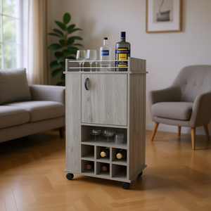 Carrito de Bar Gris Claro con Puerta Individual y Seis Compartimentos para Botellas de Vino, Almacenamiento de Vino Portátil para el Hogar, Diseño Moderno en Madera - Product Image 2