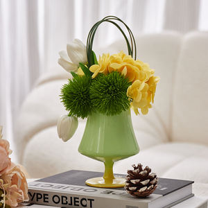 ชุดดอกไม้ประดิษฐ์ไฮเดรนเยีย ทิวลิป และต้นหอม ขนาด 200x200x260 มม. สำหรับตกแต่งบ้าน พร้อมแจกันแก้วลวดลายทันสมัย - Product Image 1