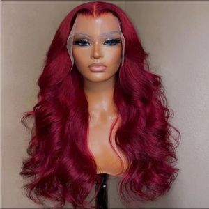 Lunga Parrucca Sintetica, Bordeaux Rosso Naturale Lace Anteriore - Foto 13