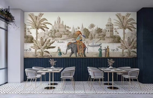 Murale da Parete Art Déco con Paesaggio Indiano, <span class=keywords><strong>Elefante</strong></span>, Pavone e Castello, Scenografia Tropicale con Palme, Carta da Parati per Soggiorno e Hotel, <span class=keywords><strong>Sfondo</strong></span> Personalizzato - Product Image 4