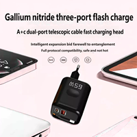 Chargeur mural 3 en 1 GaN 65W avec câbles rétractables et prise pliable, adaptateur d'alimentation à charge rapide pour plusieurs appareils