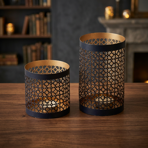 Cylinder Metal Lantern Candle Holder with Gold Interior and <b>Circular</b> Cutouts for Home Decoration - Product Image 1
