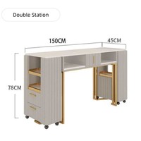 Ensemble de table de manucure en tissu durable noir et or avec plateau en marbre et chaises, station de salon de manucure moderne avec tiroirs de rangement