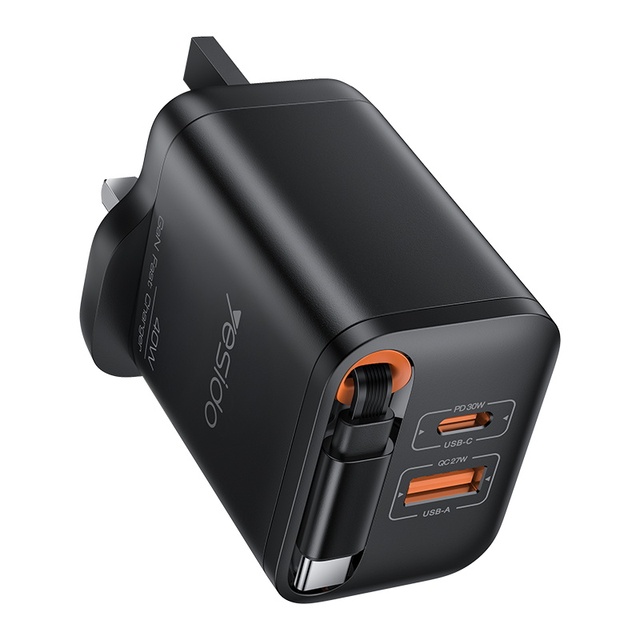 For GaN 40W Fast Charging Dual Ports Built-in 65CM Retractable Cable Fireproof Laptop PD OTP UK Plug Travel Charger YC145